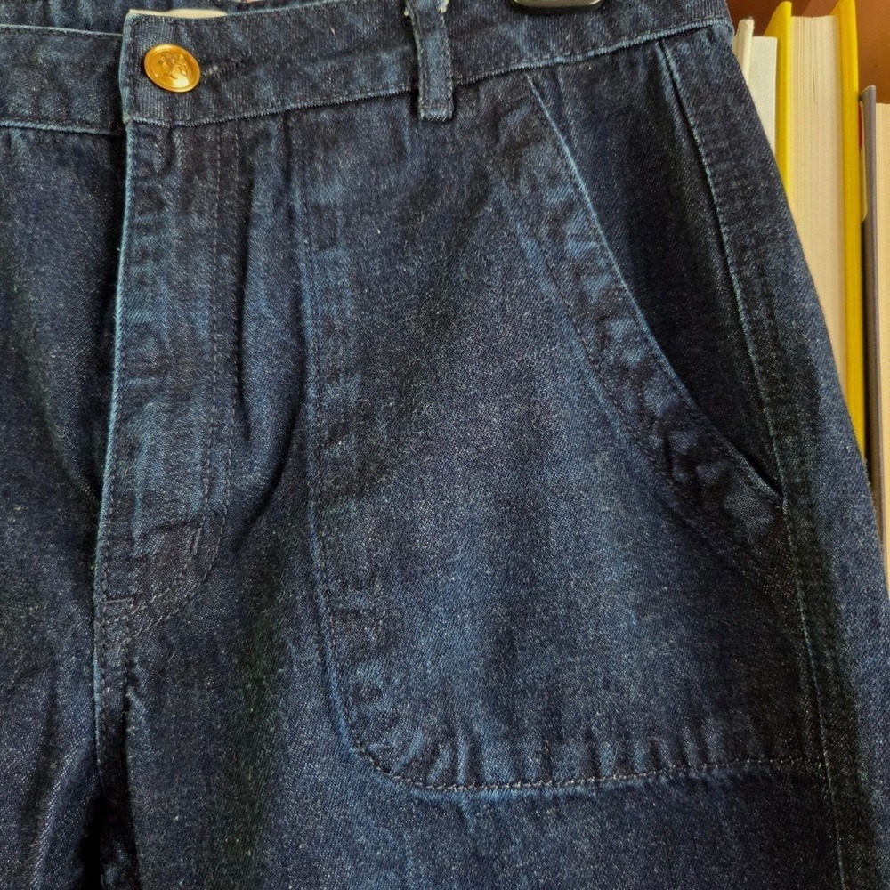 Tory Burch Women Dark Indigo High Rise Wide Leg Denim Jeans Gold Logo Button 29 - Picture 9 of 13